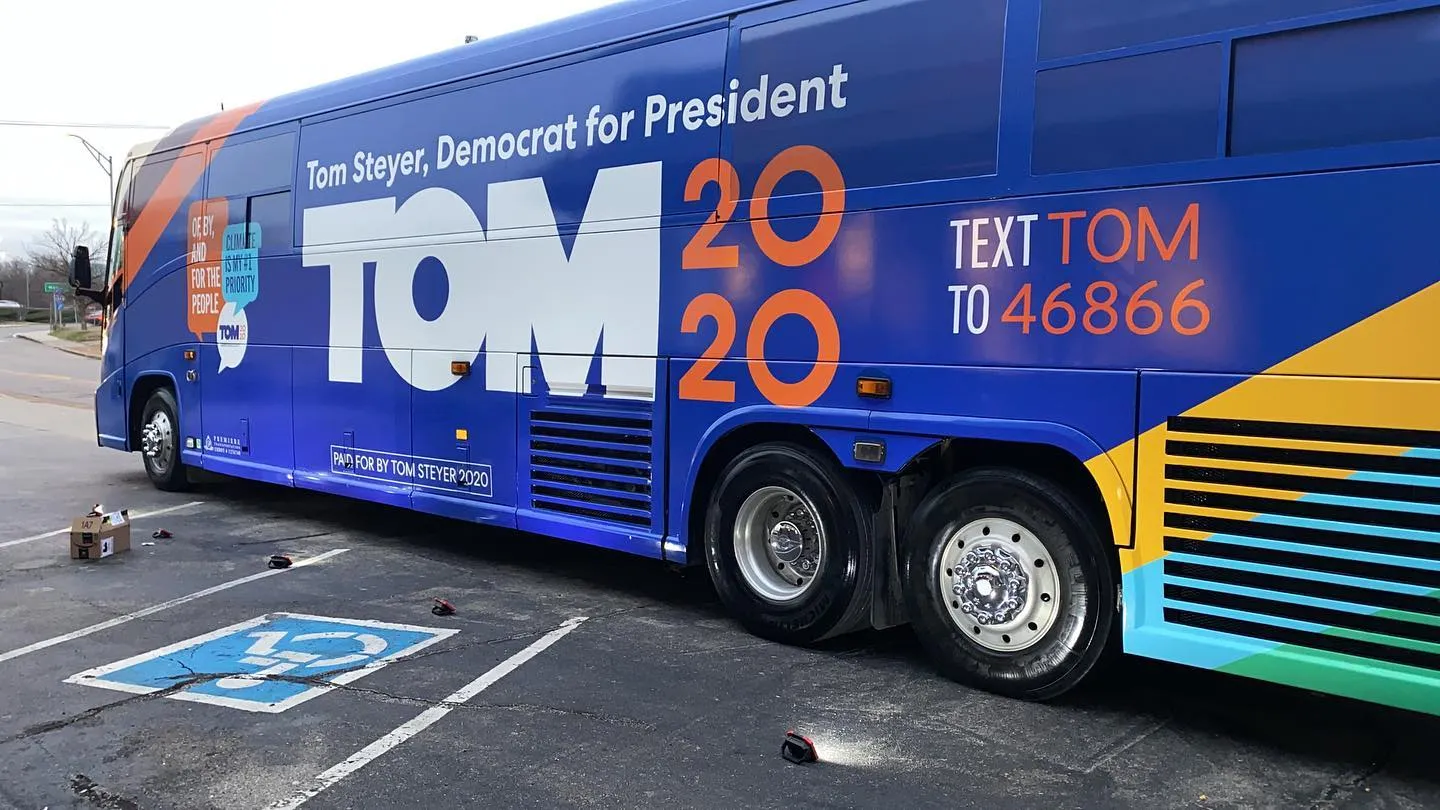 A view of a blue bus